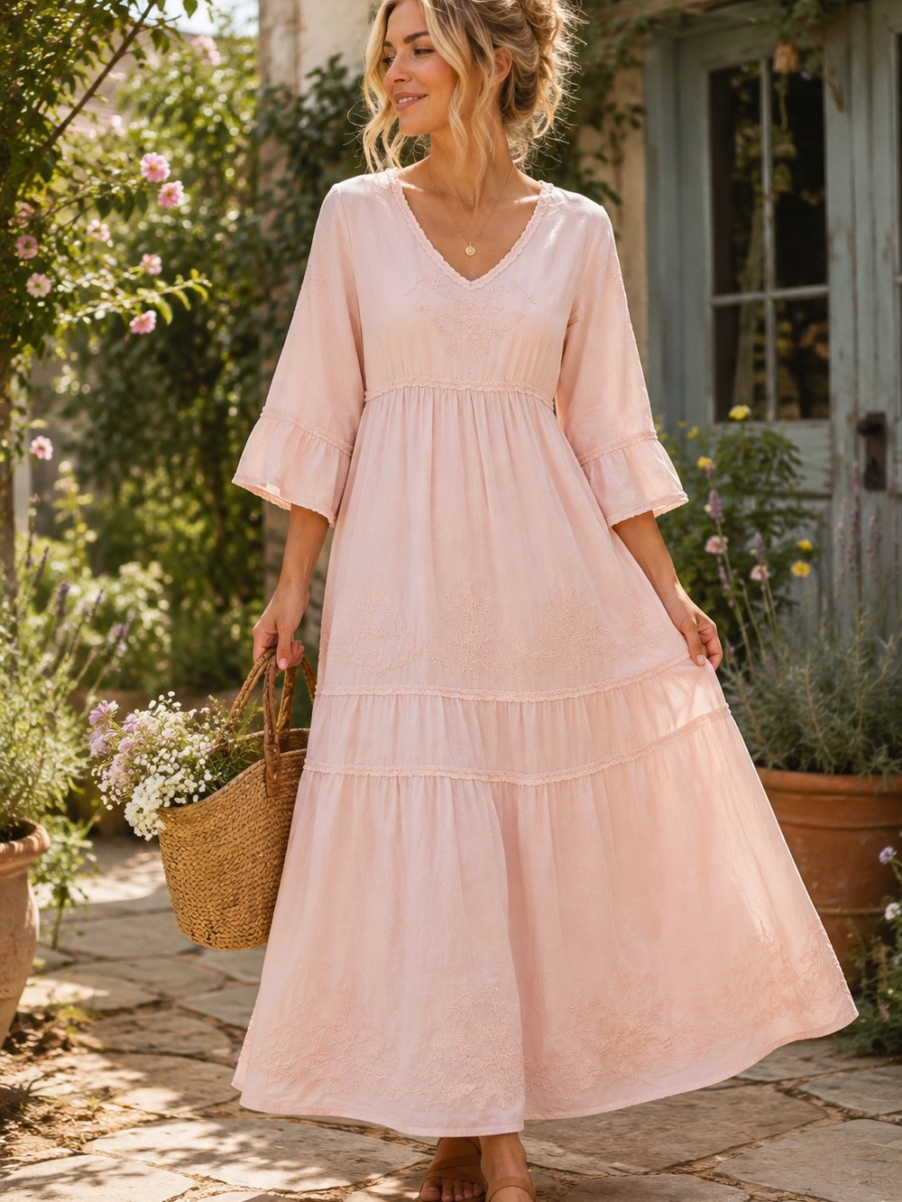 Soft Surroundings Anastasia Pink Embroidered Cotton Maxi size M Boho Cottagecore
